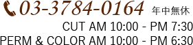 美容室ガイアは年中無休。03-3784-0164（カット AM10:00～PM7:30、パーマ・カラー AM10:00～PM6:30）